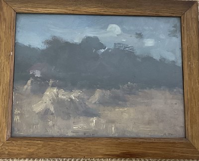 Lot 553 - ANDREW REID; oil on canvas, haystacks in...