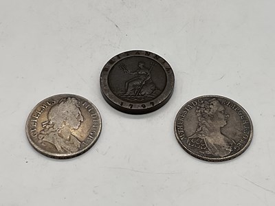 Lot 1407 - A William III full crown, 1696, a thaler, 1765,...