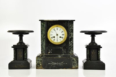 Lot 700 - A late Victorian black slate three piece clock...