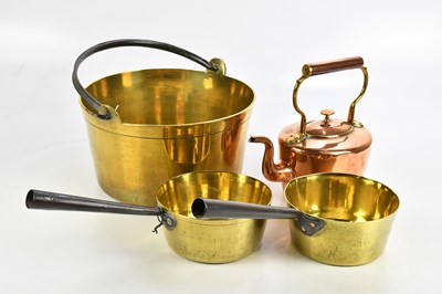 Lot 1354 - A brass flat based jam pan with a swing handle,...