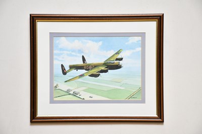 Lot 1207 - R PARKIN; watercolour, 'Lancaster Bomber'...