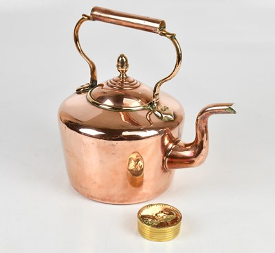 Lot 1363 - A copper kettle and a brass tin with embossed...