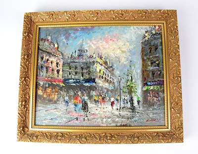 Lot 431 - RINER; oil on canvas, Parisian street scene...