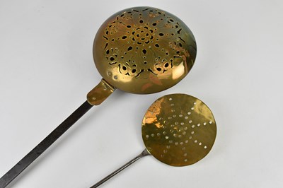 Lot 1350 - A brass and iron warming pan with pierced...