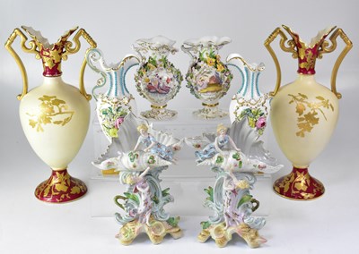 Lot 482 - A pair of Victorian twin-handled vases, each...