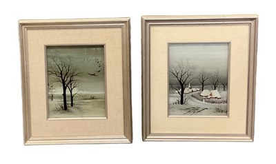 Lot 252 - A pair of reverse painted on glass winter...