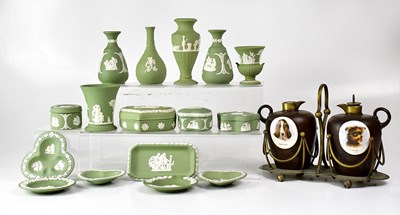 Lot 222 - WEDGWOOD; sixteen pieces of green jasperware...