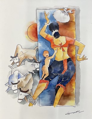 Lot 139 - M F HUSAIN; watercolour, mother and child...