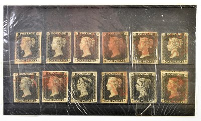 Lot 760 - GB; twelve QV used 1d blacks in mixed condition.