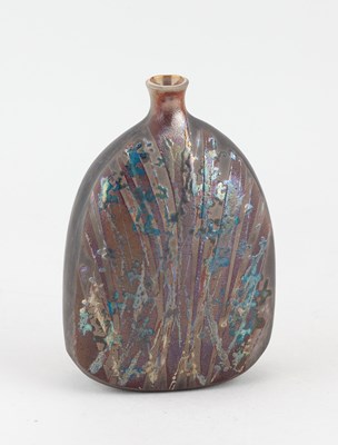 Lot 163 - ANNE JAMES (born 1937); a flat raku bottle...