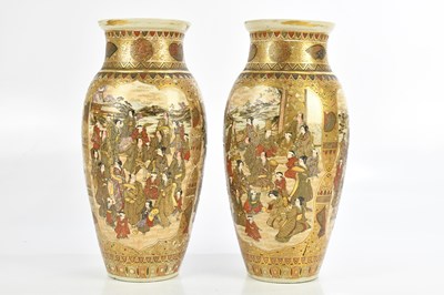 Lot 1142 - A pair of Japanese Satsuma vases of ovoid form,...