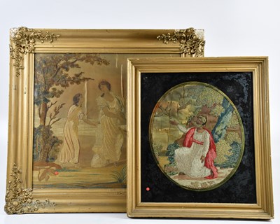 Lot 1299 - Two 19th century silk and woolwork panels,...