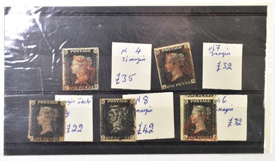 Lot 756 - GB; five QV used 1d blacks, early plates, in mixed condition.