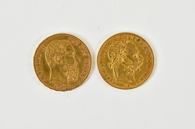 Lot 707 - A Leopold II gold 20fr coin, 1872, and a...