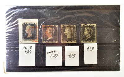 Lot 777 - GB; four QV used 1d blacks, early plates, in mixed condition.