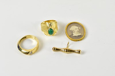 Lot 1222 - Two yellow metal rings, a yellow metal bar and...