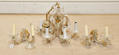 Lot 390 - Two cut glass chandeliers and a pair of wall...