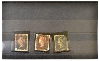 Lot 835 - GB; three QV used 1d blacks in mixed condition