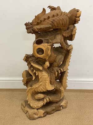 Lot 367 - Chinese hand carved fighting dragons, height...