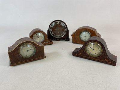 Lot 706 - Five early 20th century inlaid mantel clocks,...