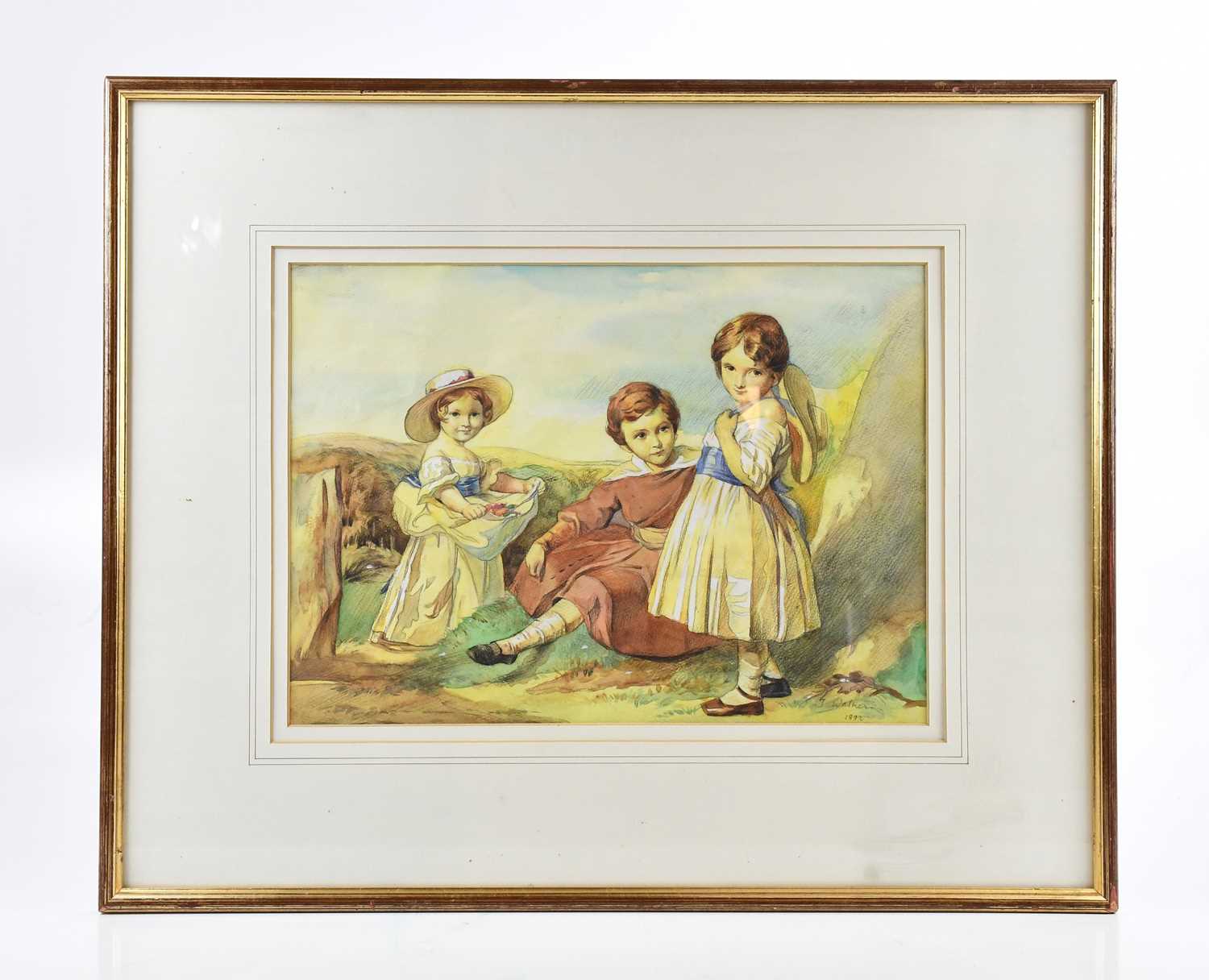 Lot 1690 - J HANSON WALKER; watercolour, three children,...