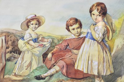 Lot 1690 - J HANSON WALKER; watercolour, three children,...